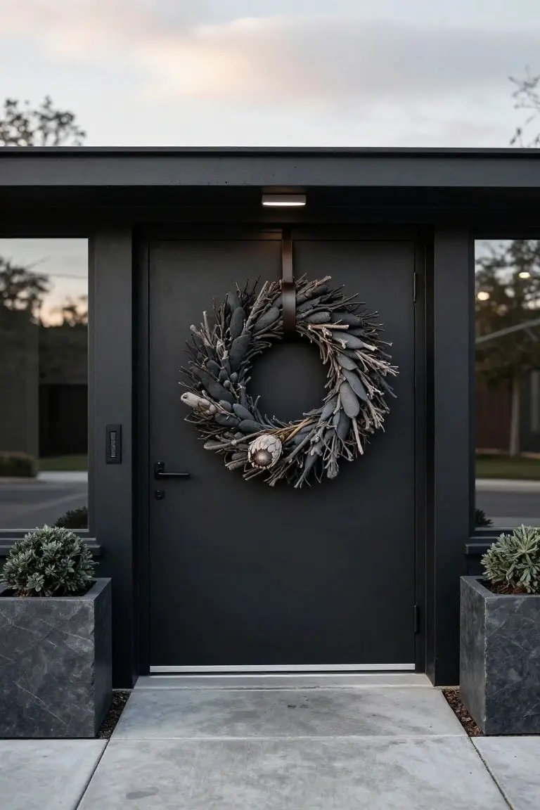 Black front door with a large grey textured wreath featuring dried leaves, pods, and a central protea flower hung on a brown leather strap, flanked by glass panels, a wall light, and two large grey pots with plants on a concrete entry.