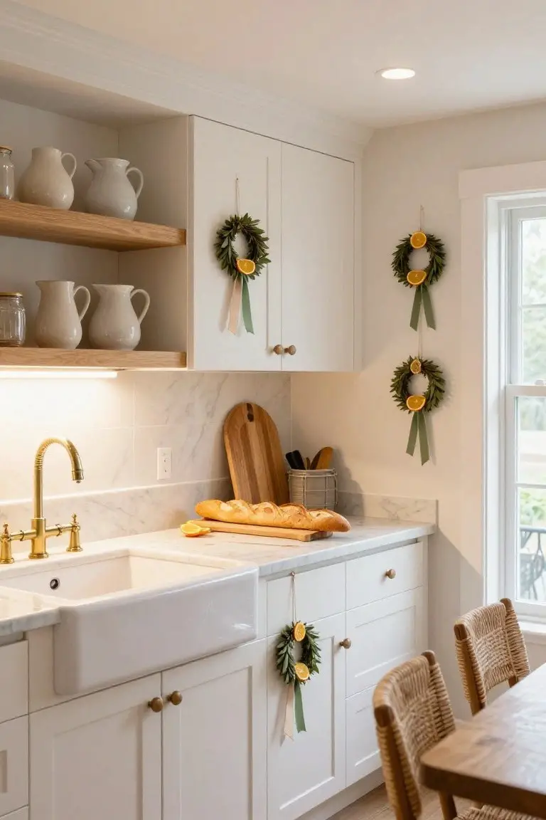 A white kitchen with small wreaths of olive leaves and dried orange slices hanging on cabinet doors, open shelves, and walls near a farmhouse sink, marble counters, and wooden cutting board.