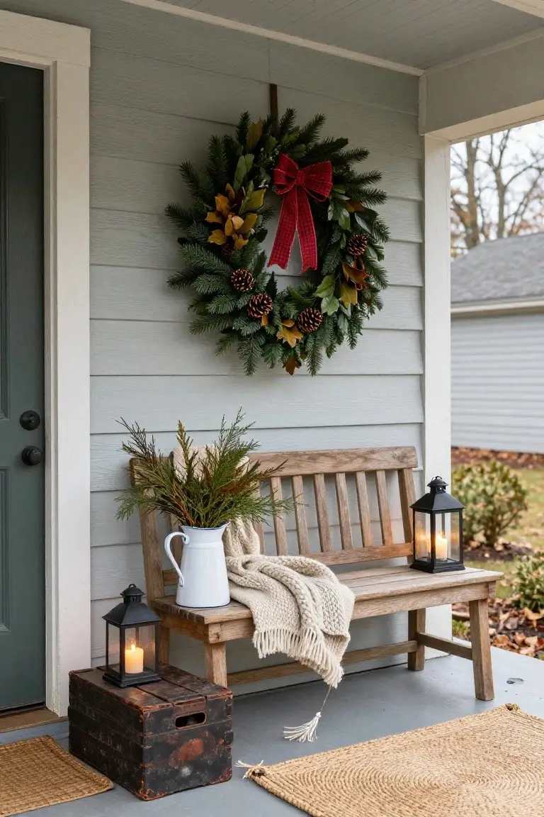 Light gray house porch with dark green front door and large wreath of pine, magnolia, pinecones, and red bow, wooden bench with cream throw blanket and white pitcher of greens, two black lanterns with candles, wooden crate, and seagrass rug on concrete floor.
