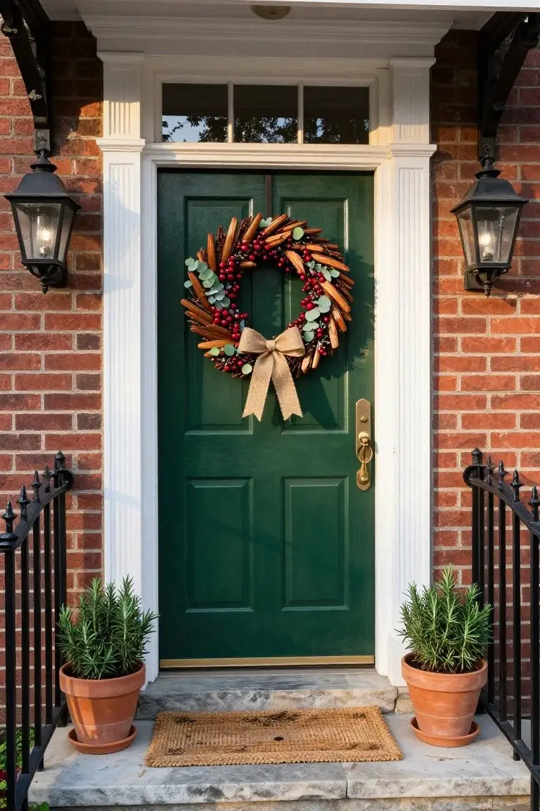 Green front door on a brick house with white trim, decorated with a wreath of wheat, berries, eucalyptus, and a burlap bow, flanked by black lanterns and terra cotta pots of rosemary plants on stone steps.