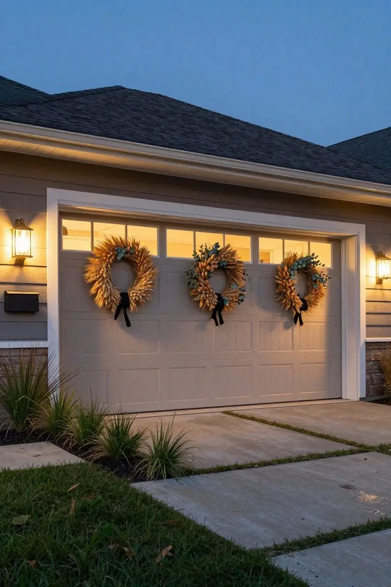 Gray garage door of a modern house with three large wheat and eucalyptus wreaths hung symmetrically across it, black bows on each, flanked by wall lanterns, with grass and plants in the foreground at dusk.