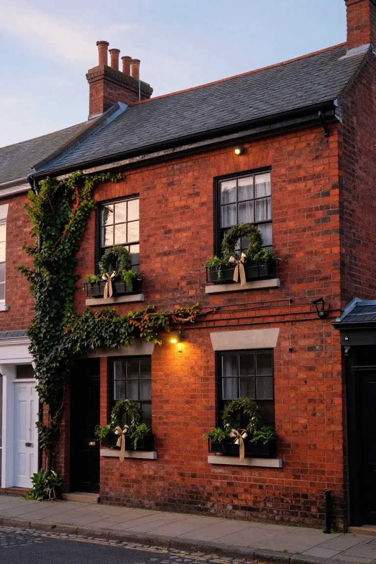 Red brick two-story townhouse exterior with ivy on one side, Christmas wreaths on black-framed windows and front door, planted window boxes with bows below some windows, and exterior lights on, viewed from the street at dusk.