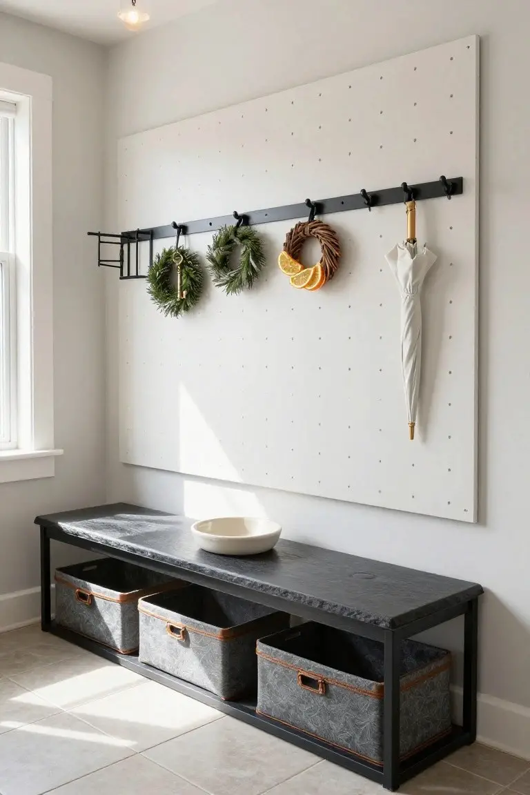 White pegboard wall in an entryway with black rail and hooks displaying three green Christmas wreaths, one wreath with oranges, and a white umbrella, above a black bench holding three gray woven baskets and topped with a white bowl.