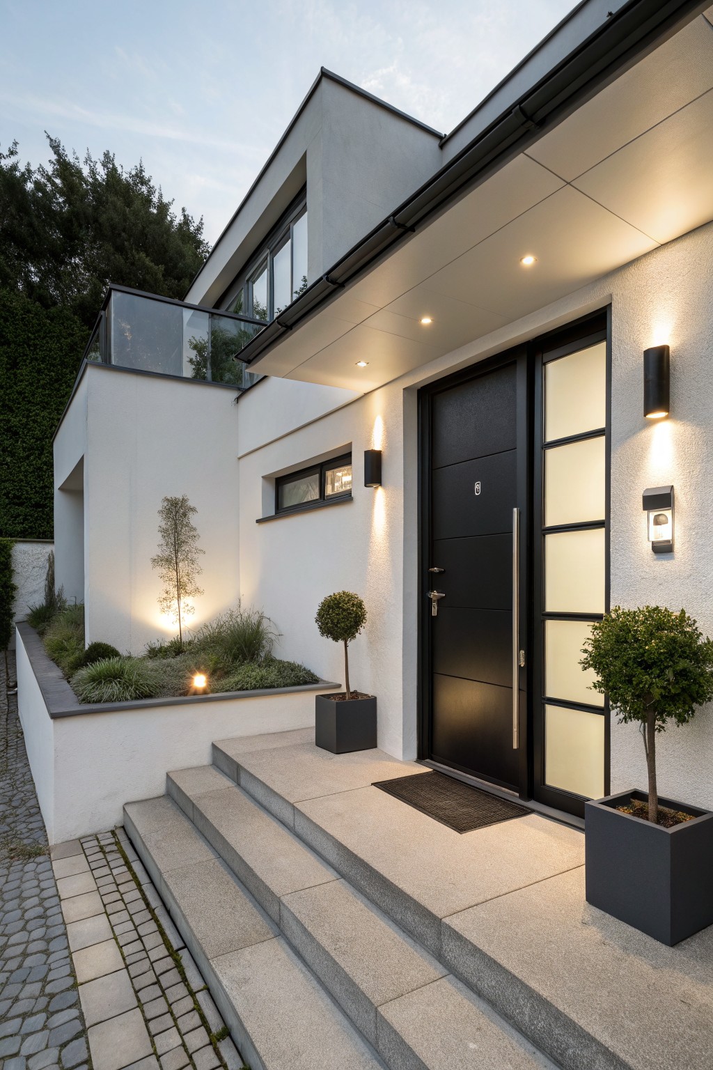 White modern house exterior featuring a tall black front door with frosted glass panels beside it, flanked by wall lights, potted topiary plants, concrete steps, and a landscaped bed at dusk.