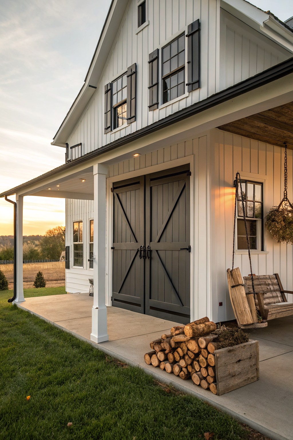 White board-and-batten house exterior featuring large black double doors on a covered porch with columns, a hanging swing, firewood stack on concrete, and grassy yard at sunset.
