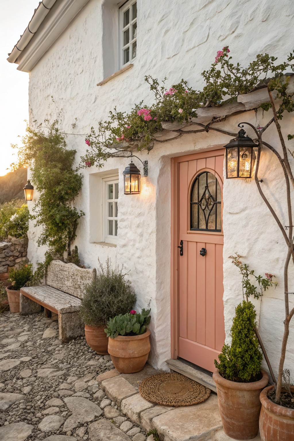 White stucco house exterior featuring a pink arched wooden front door with black iron lantern lights, climbing pink roses, potted plants, a stone bench, and pebbled stone pathway.