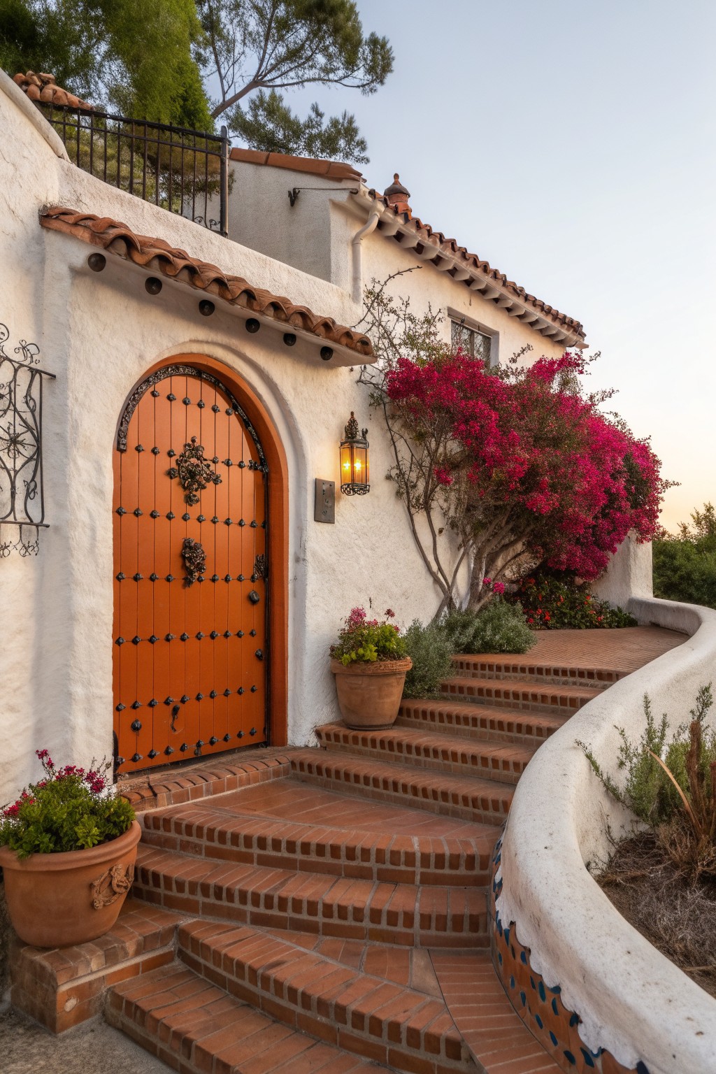 White stucco house exterior featuring a tall arched wooden door painted burnt orange with black iron straps and handle, wrought iron sconce lantern beside it, brick steps curving up to the entry, terracotta pots with flowers, and pink bougainvillea bush nearby.