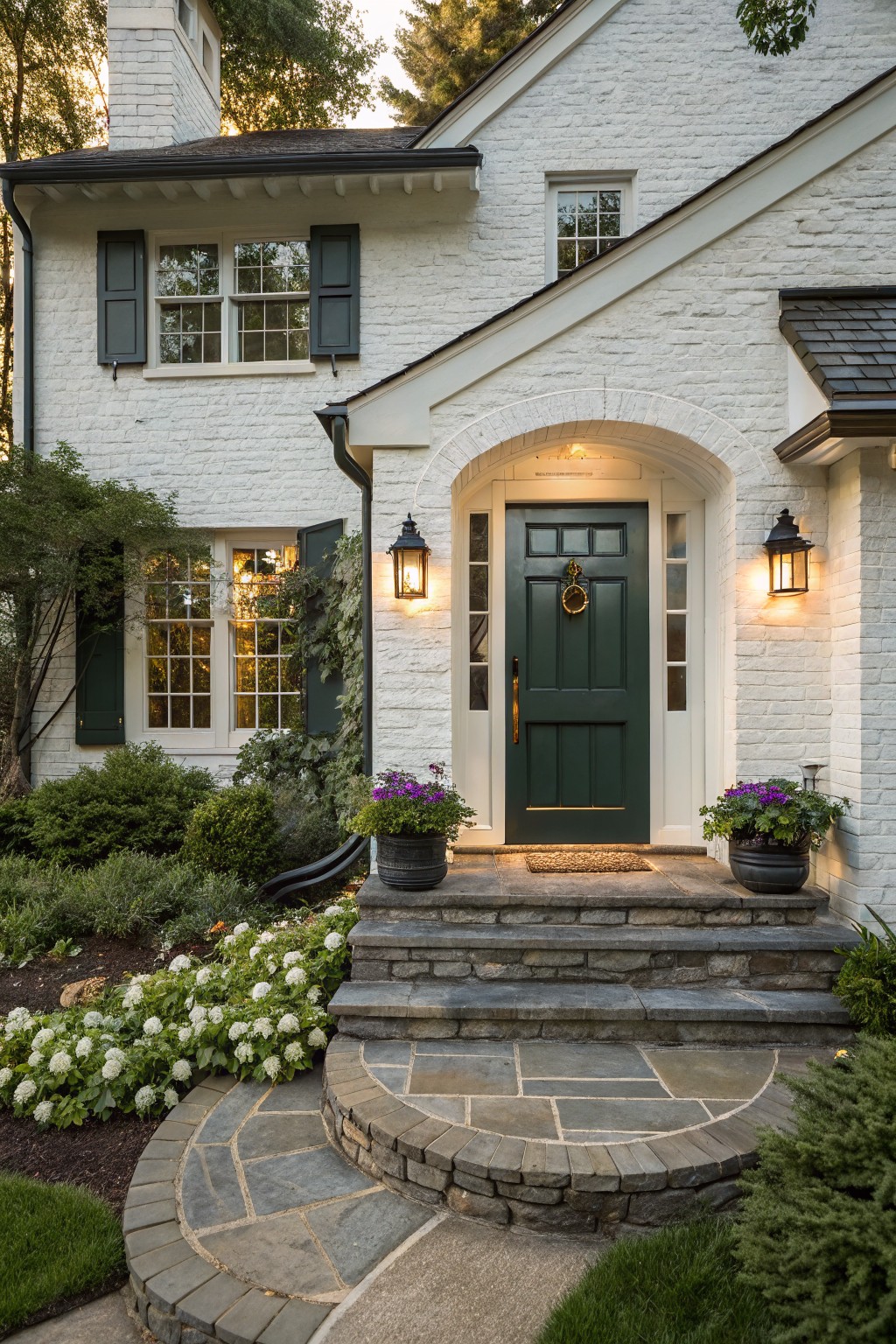 White brick house exterior with dark green front door in an arched entryway, flanked by black lanterns and potted plants, stone steps, and surrounding landscaping.