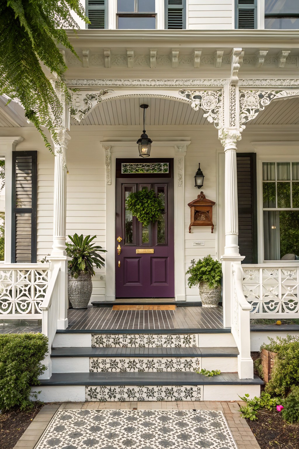White house exterior with ornate porch, deep purple front door decorated with a wreath, potted plants on either side, columns, and steps leading to a tiled entry.