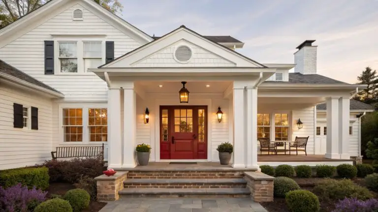 White shingle-style house exterior featuring a bright red double front door under a columned porch, flanked by lanterns, with brick steps leading up from a stone-edged path and boxwood shrubs.