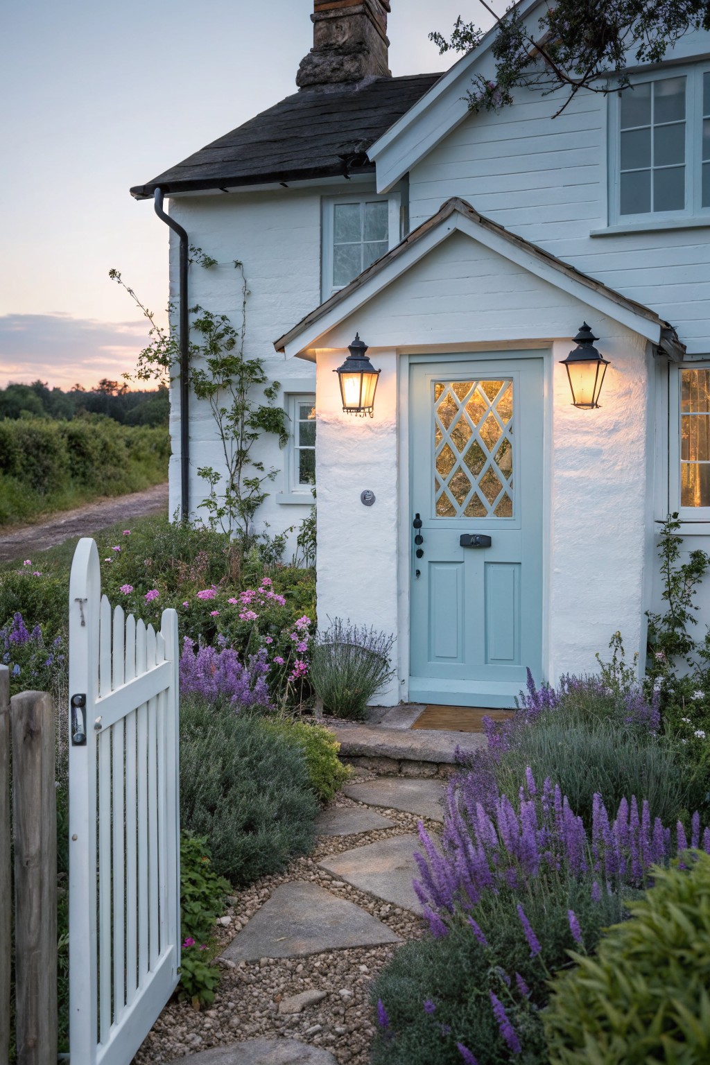 White clapboard cottage with light blue front door featuring lattice glass, flanked by lanterns, white picket gate, stone pathway, and purple lavender plants in front garden at dusk.