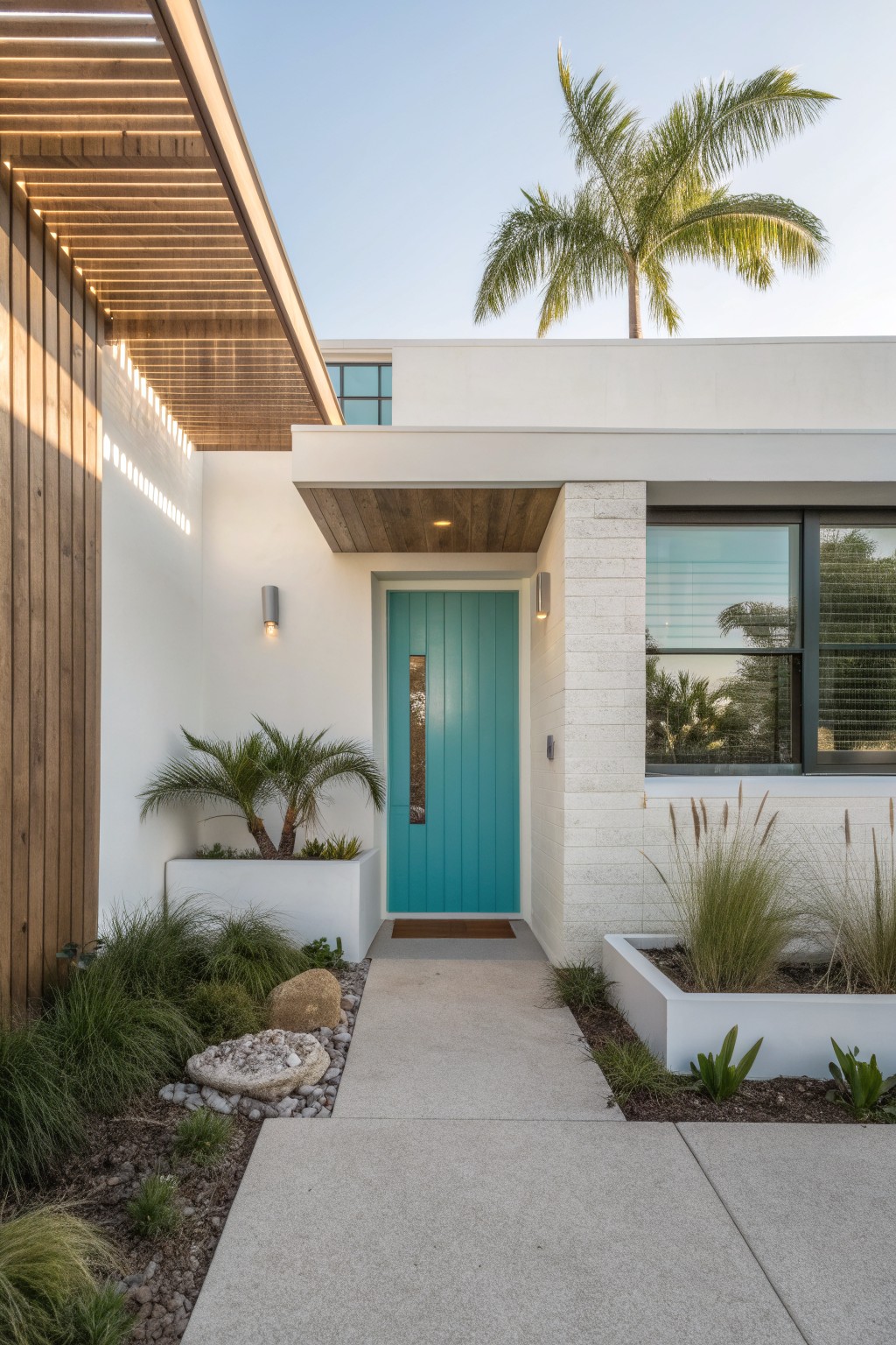 White modern house exterior featuring a turquoise paneled front door, wood pergola overhead, white stucco walls, potted palms, grasses, and a concrete pathway.
