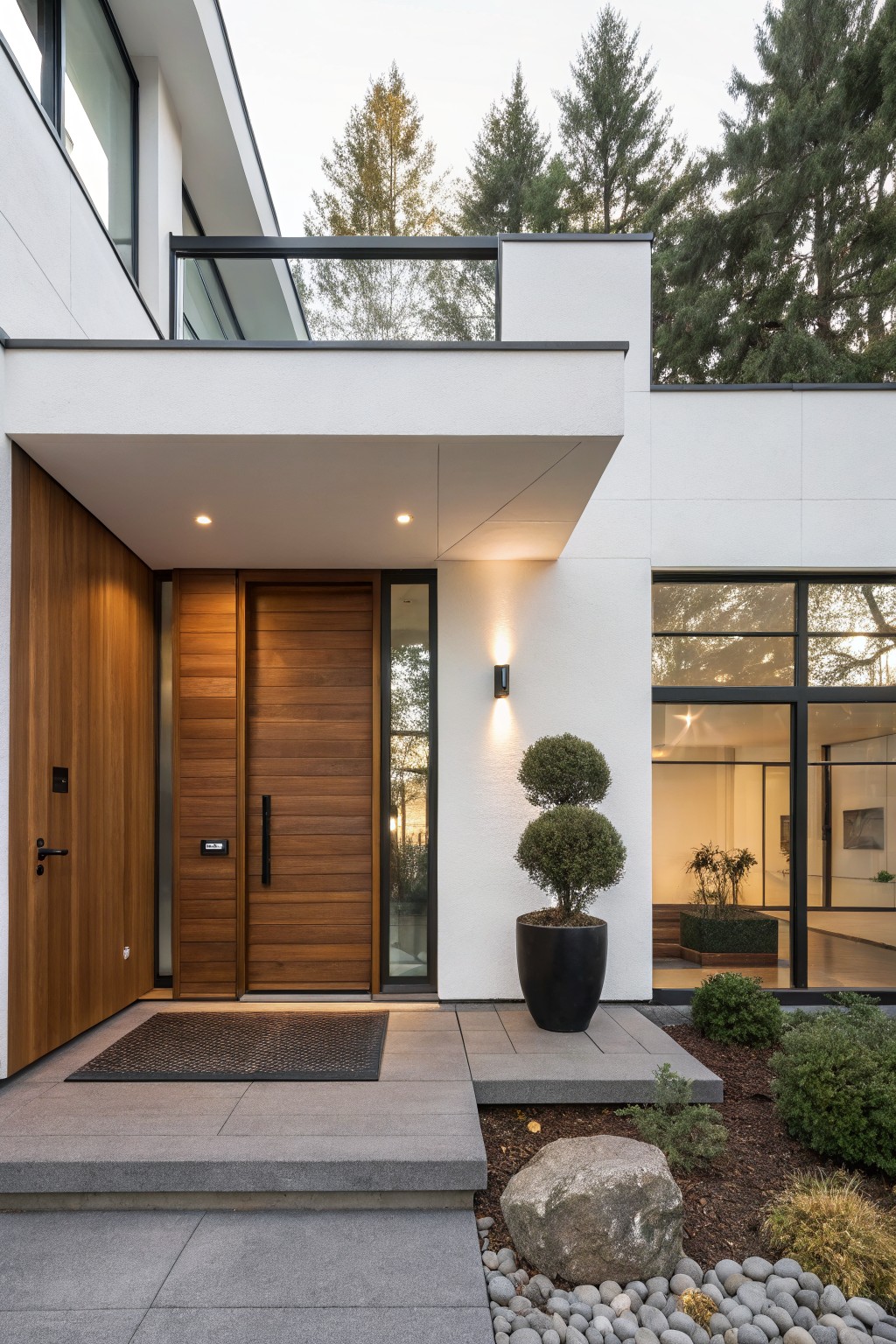 Modern white stucco house exterior with a tall wooden plank front door featuring a glass sidelight, black door handle, wall-mounted lights, potted topiary plant, stone porch, and low landscaping with rocks and gravel.