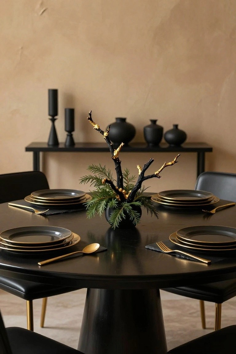 Round black pedestal dining table in a beige room, set with multiple stacked black plates edged in gold, gold flatware, black slate placemats, and a central black vase holding evergreen branches with gold-painted twigs, black leather chairs, and black shelves with vases and candles in the background.