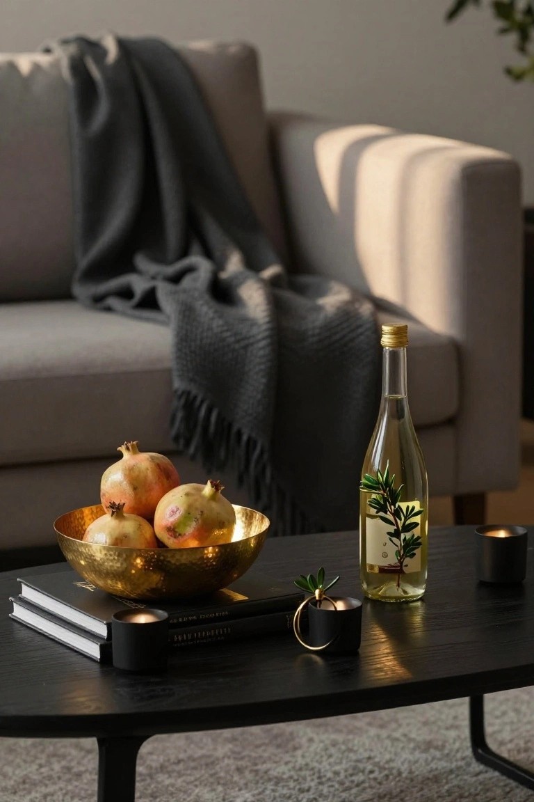 Black coffee table on gray rug holding gold bowl of pomegranates, glass olive oil bottle with branch label, black candles in holders, gold ring candle holder, and stacked black books, with beige sofa and gray throw blanket in background.