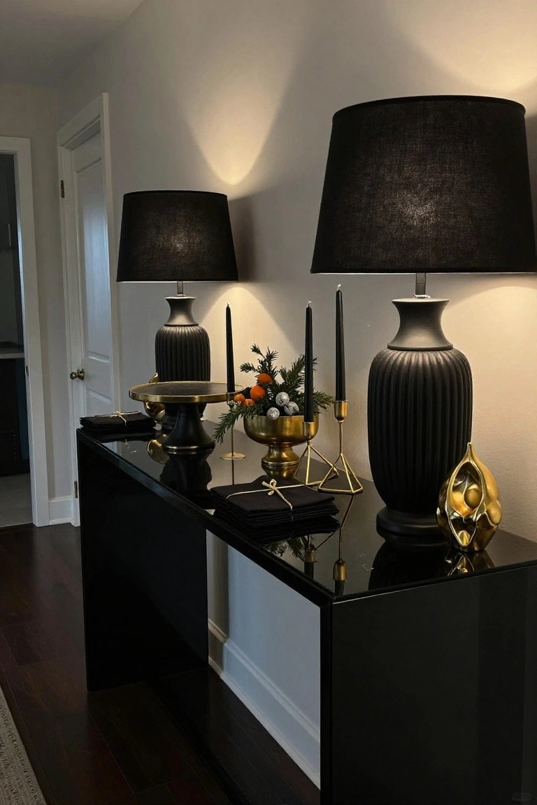 Black glossy console table in a hallway with two tall black ribbed ceramic lamps lit up, gold bowls and sculptures holding Christmas oranges and greenery, black candles in gold holders, and stacked black napkins.