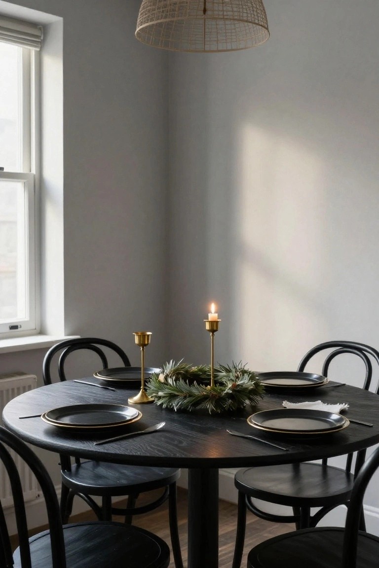 Round black wood dining table set for four with black plates edged in gold, gold candlesticks with lit candles, and an evergreen wreath centerpiece, black chairs around it in a pale gray room with window light.