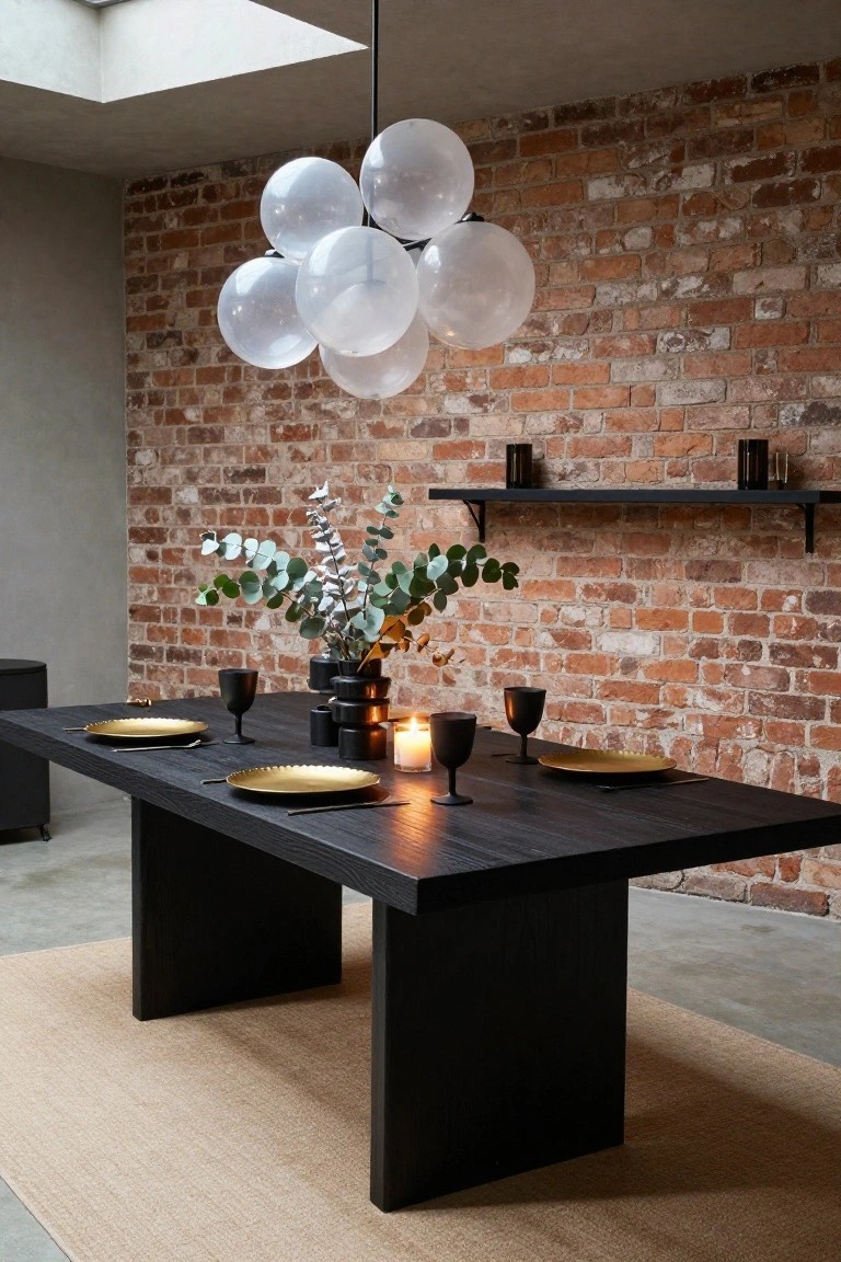 Black rectangular wooden dining table set with two gold plates, black wine glasses, candles, stacked black cylindrical vases, and eucalyptus arrangement in a room with exposed brick wall, wooden shelves, and white bubble pendant light.