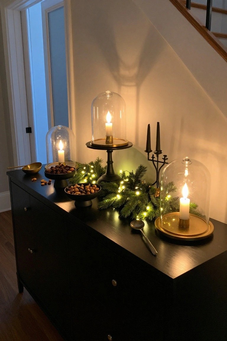 Black wooden dresser in a hallway topped with black bowls of nuts, gold-accented glass cloches over lit candles, pine garland with fairy lights, brass spoons, and candleholders.