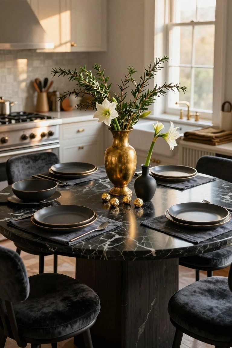 Round black marble dining table in a kitchen, set with black bowls and gold-rimmed plates on black placemats, brass vases holding white lilies and rosemary branches, small black vase, gold chocolate balls, black velvet chairs, white cabinets, and window in background.