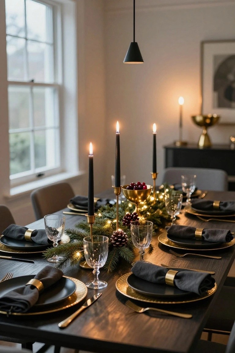 A dining table set for Christmas with matte black plates on gold chargers, black napkins with gold rings, crystal glasses, black taper candles in gold holders, evergreen branches, pinecones, red berries in gold bowls, and fairy lights.