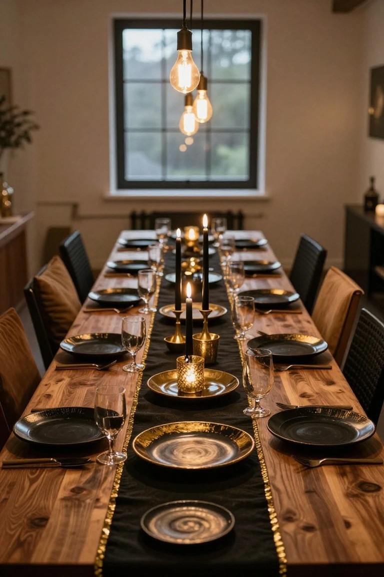 A wooden dining table set for a meal with black plates, gold-rimmed dishes, black candles in gold holders, wine glasses, and a black table runner edged in gold, under hanging bulb lights near a window.