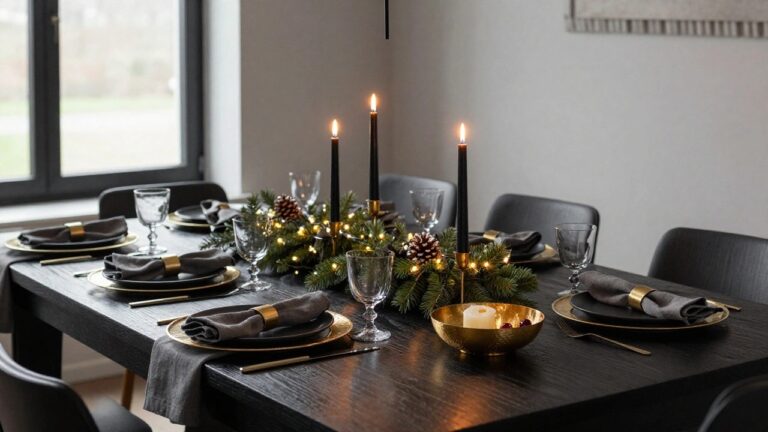 A dining table set for Christmas with matte black plates on gold chargers, black napkins with gold rings, crystal glasses, black taper candles in gold holders, evergreen branches, pinecones, red berries in gold bowls, and fairy lights.