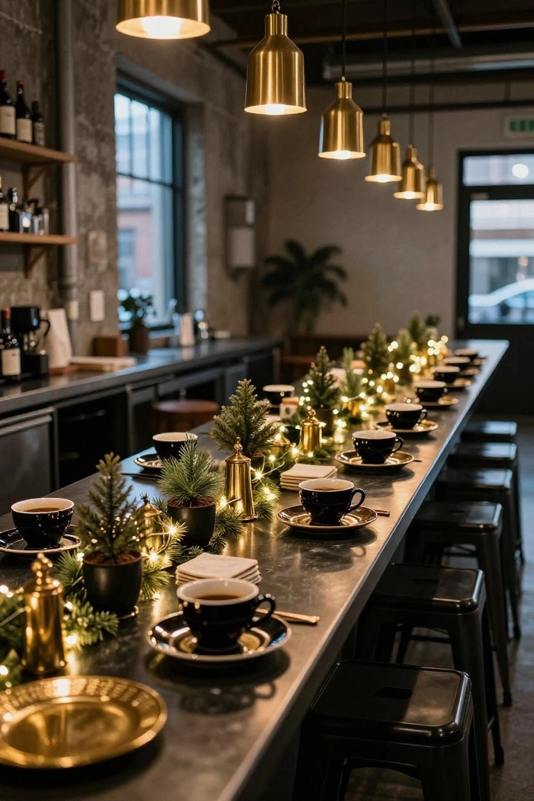 Long black metal bar counter set for Christmas with rows of black coffee cups on gold-rimmed saucers, mini evergreen trees, fairy lights, brass bells, and napkins.