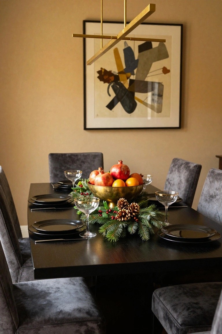 Dark wood dining table set with black plates, gold-rimmed coupe glasses, central gold bowl of pomegranates and oranges surrounded by pine branches and pinecones, gray upholstered chairs, and a gold linear chandelier above.