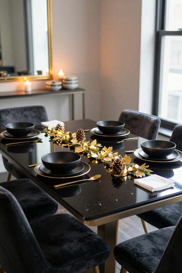 Elegant dining table with black bowls, gold cutlery, and seasonal decor.