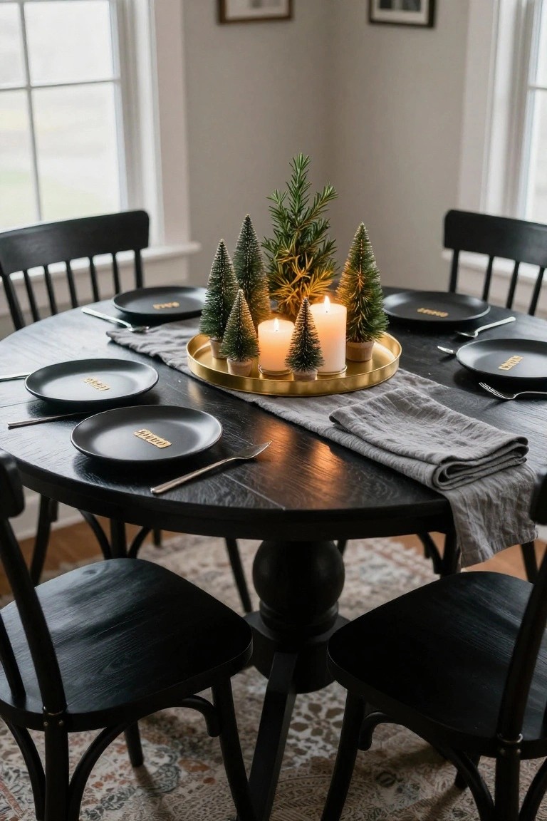 Round black wood dining table with black chairs, set with black plates featuring gold lettering, gray linen runners, and a central gold tray holding small flocked Christmas trees, rosemary sprigs, and lit white taper candles in a light-filled room.