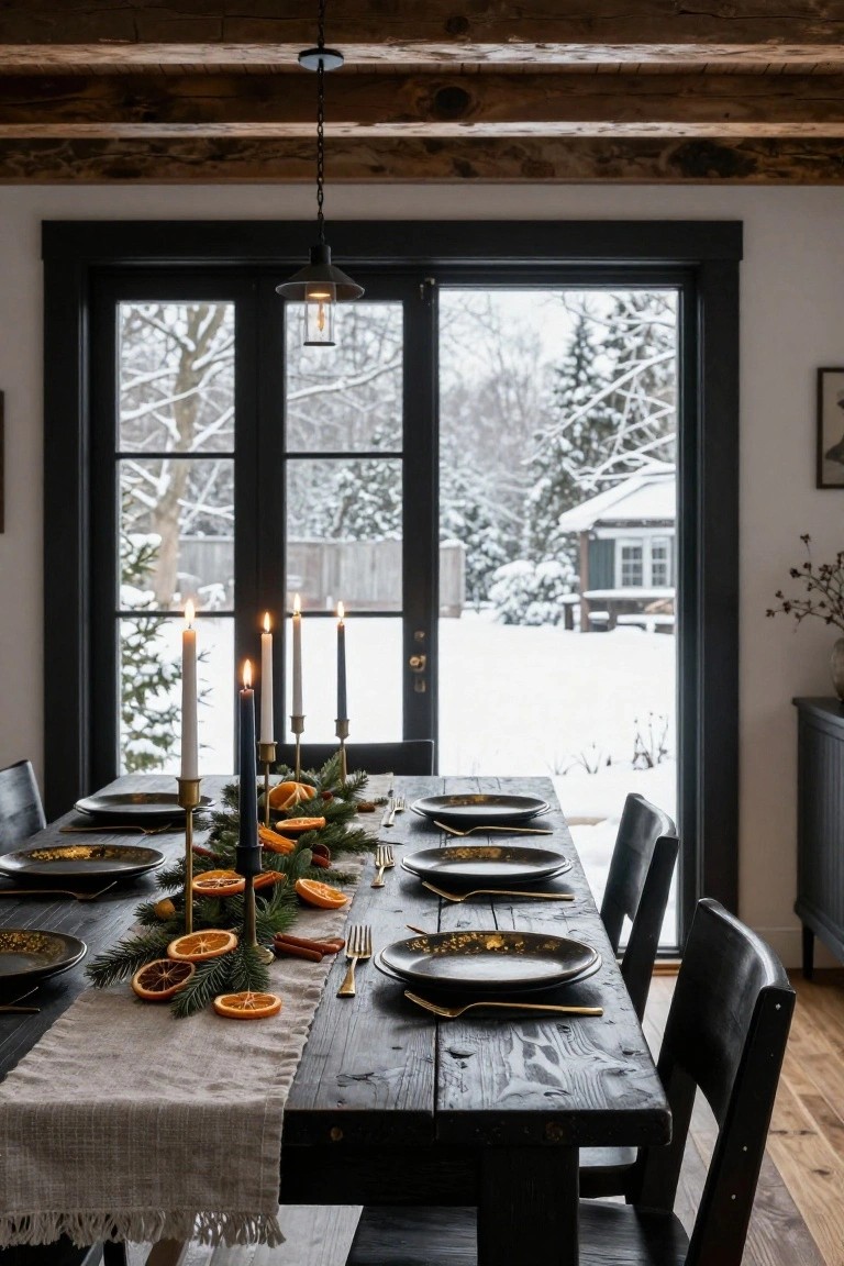 Black wood dining table set with gold-rimmed black plates, metallic flatware, gold candlesticks holding white and dark taper candles, a beige linen runner topped with dried orange slices, pine branches, and cinnamon sticks, large black-framed windows showing snowy trees and yard outside.