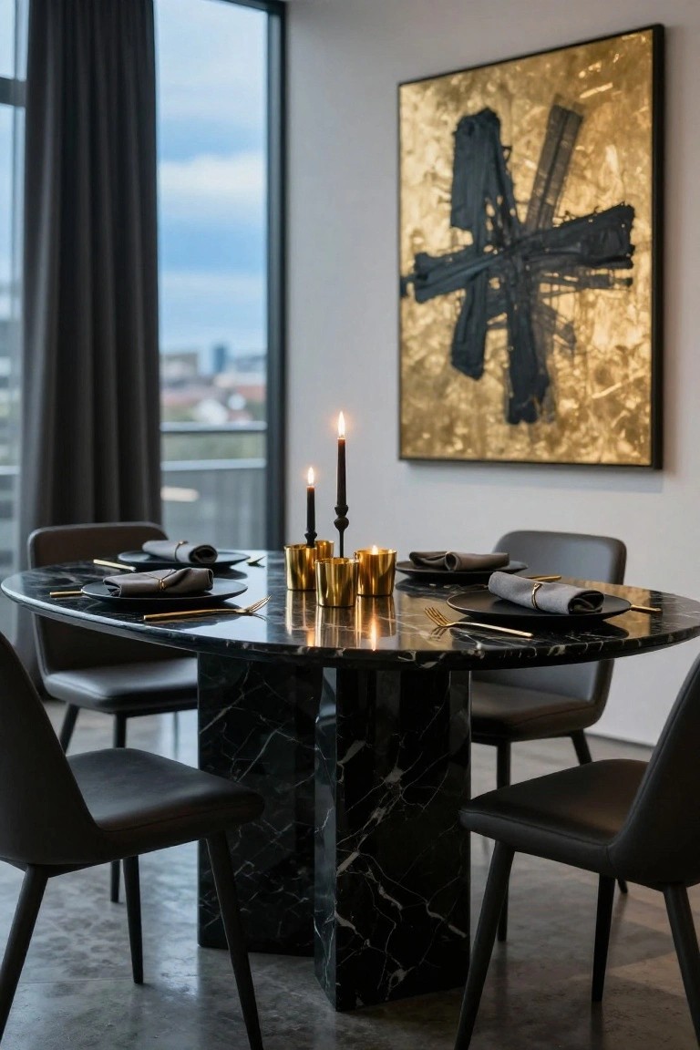 Round black marble dining table set with black plates, gold-rimmed napkins, gold candle holders with black candles, and gold cups in a modern room with gray chairs, large window, and abstract black and gold wall art.