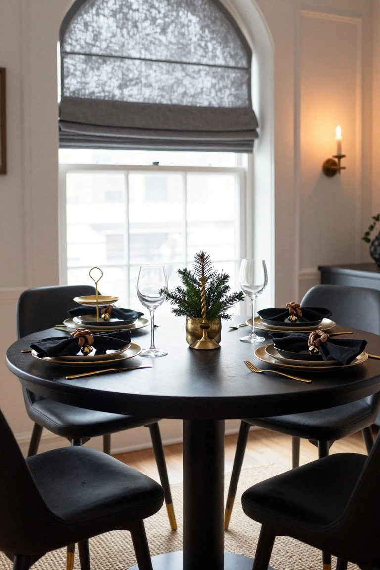 Round black pedestal dining table set for four with black napkins tied with bells, gold-rimmed plates, gold flatware, wine glasses, and small gold pots holding mini Christmas trees, surrounded by black chairs in a white room with arched window and candle wall sconce.