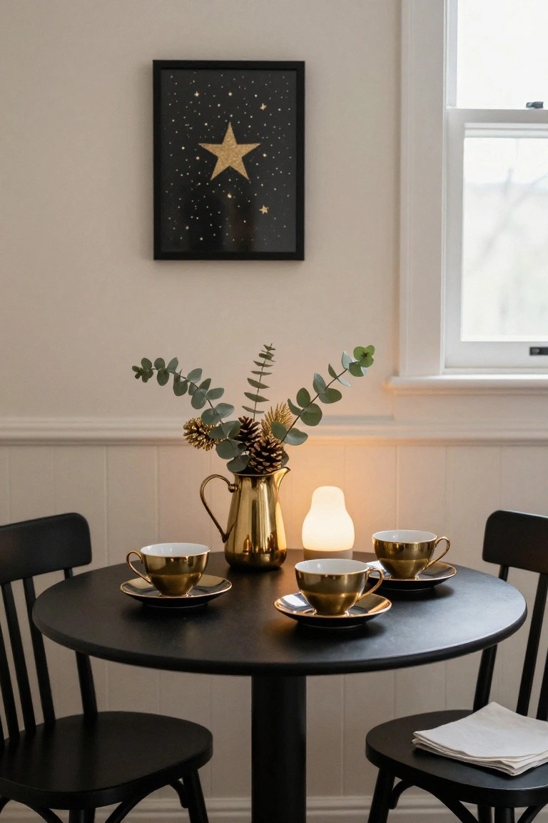 Round black wooden table with four black chairs in a light-colored room, set with two gold-rimmed white cups and saucers, brass jug of eucalyptus and pinecones, white candle lamp, and gold-accented framed star artwork on the wall.