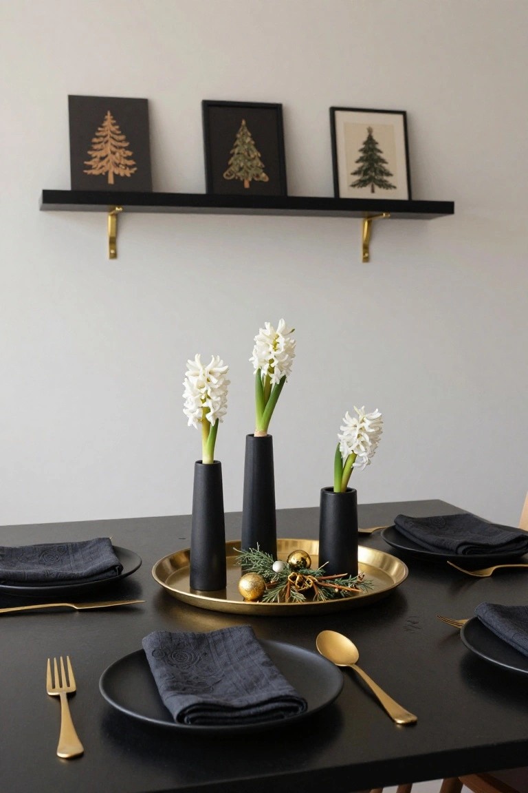 Black dining table with black plates and napkins, gold flatware, and central gold tray holding three matte black conical vases of white hyacinths plus gold Christmas ornaments and greenery, black shelf with Christmas tree art above on white wall.