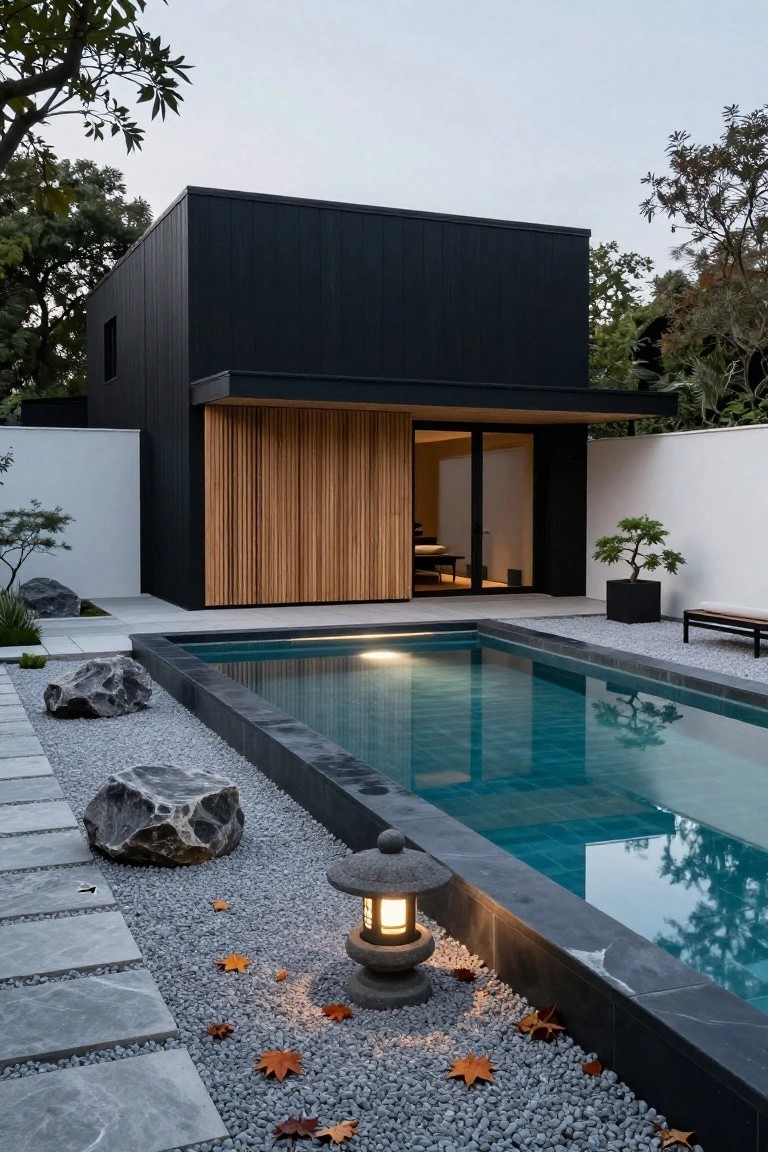Modern black rectangular house with overhanging dark roof and wooden slat entryway next to white wall, turquoise pool with black edging, gravel garden with large rocks, stone lantern, and bonsai tree at dusk.