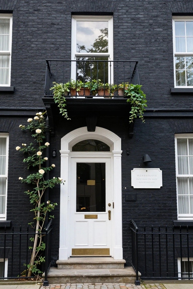 Black brick townhouse exterior featuring a white arched front door, climbing white roses on the left wall, potted plants on an iron balcony above, and a wall plaque beside the entry.