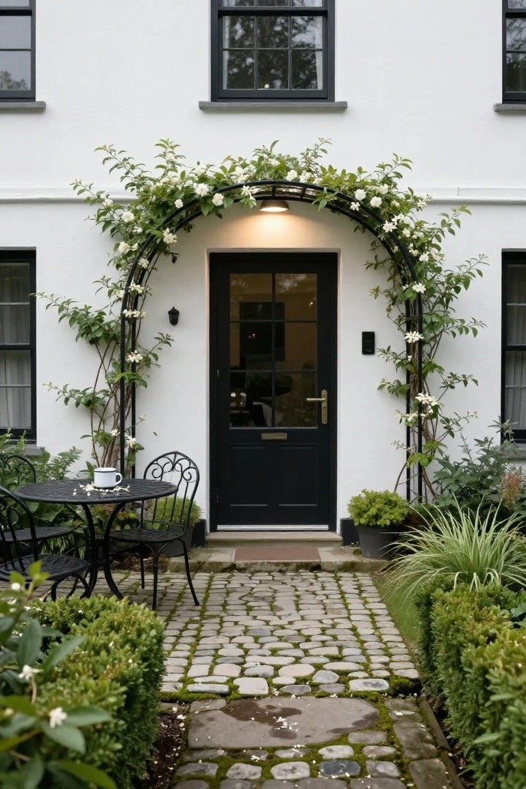 White house facade with black-framed windows, black front door under a metal arch covered in white climbing roses, outdoor bistro table and chairs on a cobblestone path edged by hedges.