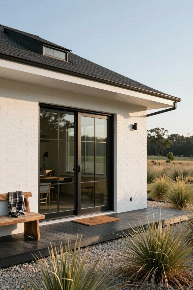 Side view of a white brick house with black-framed sliding glass doors, black roof, wooden bench with blanket on black deck, and grasses in gravel landscaping.