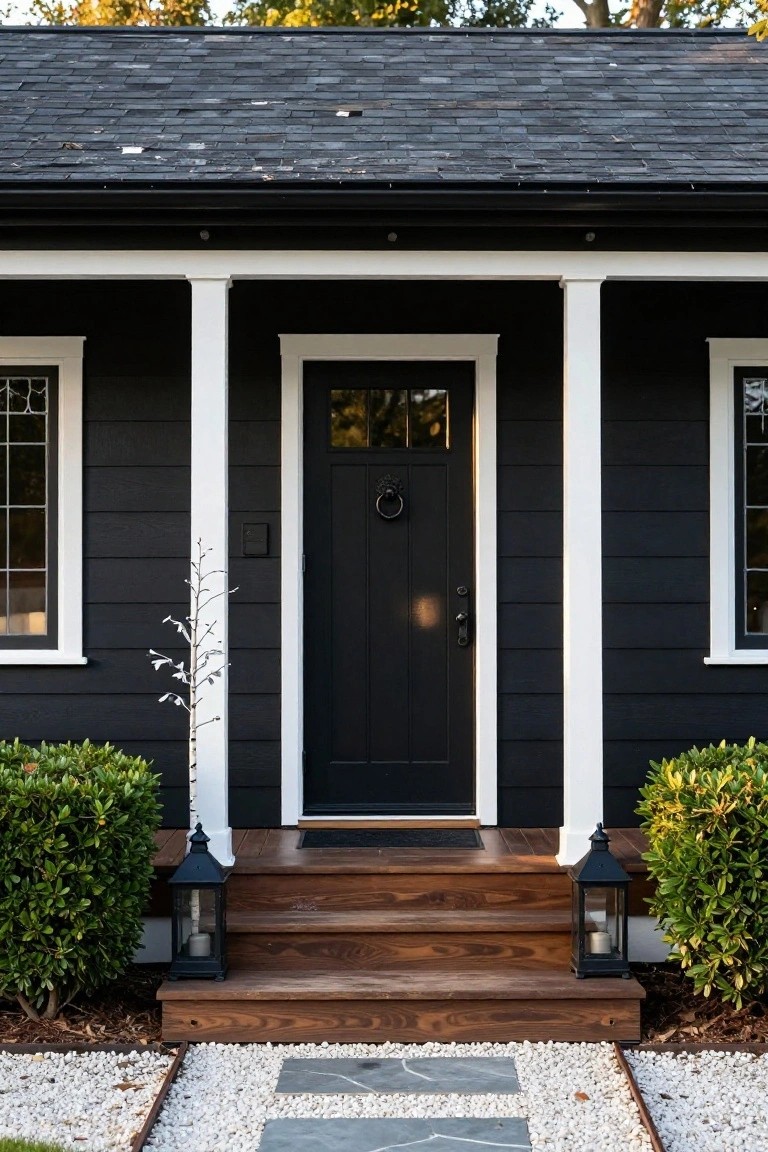 Front exterior of a two-story black shingle house with white trim, porch columns, dark wood door with glass panels, black lanterns, wooden steps, boxwood shrubs, and gravel path with stone pavers.