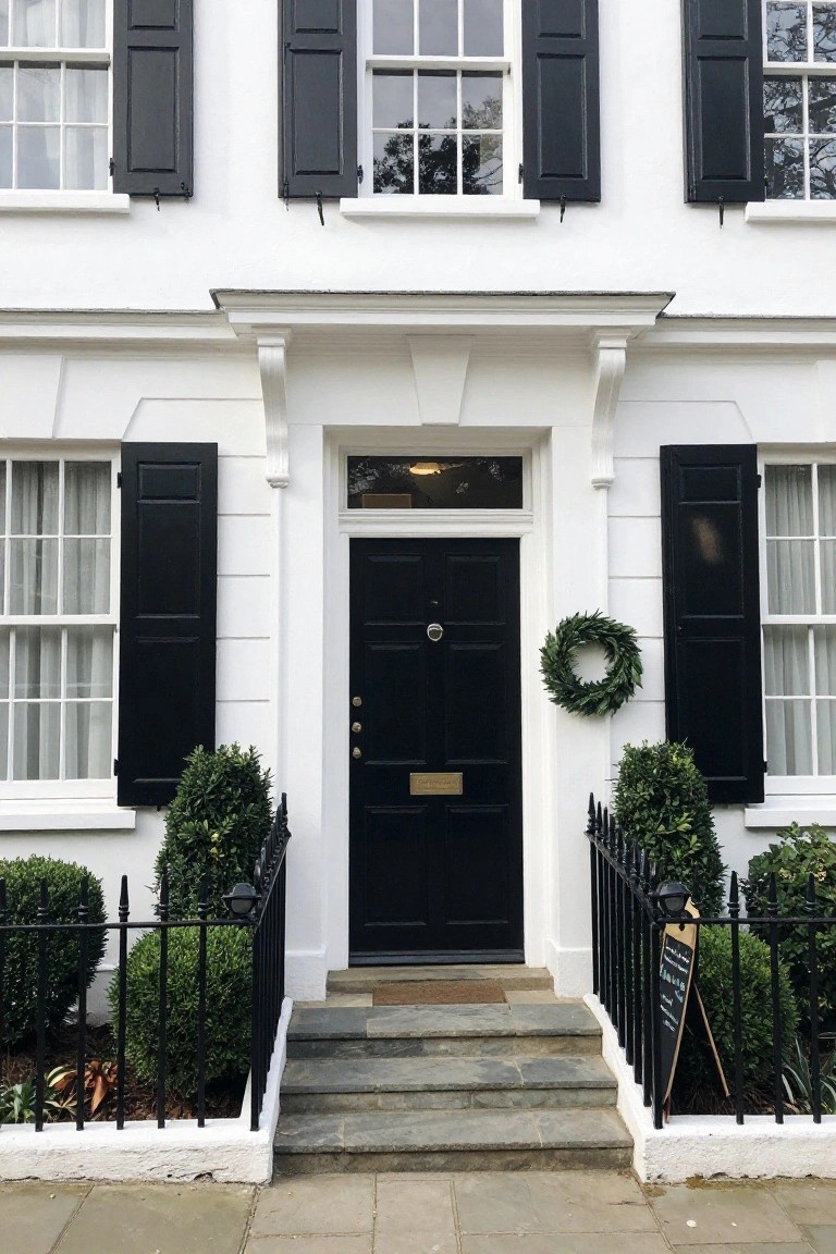 White three-story townhouse facade with black shutters on multi-pane windows, black front door with brass knocker and letterbox, evergreen wreath on door, boxwood shrubs, black iron railing, slate steps, and chalkboard sign near entrance.