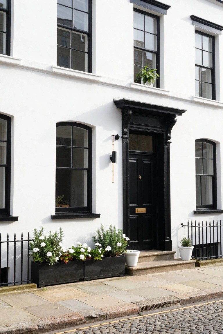 White two-story townhouse with black sash windows, black pedimented front door, black planters with white flowers and rosemary, black iron railing, on a stone sidewalk beside a cobblestone street.