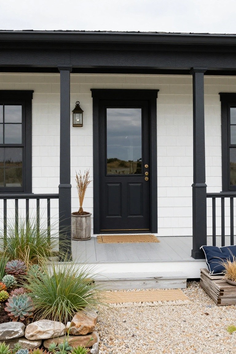 Front porch of a white clapboard house with black window frames, centered black paneled door, black porch columns, potted grasses and succulents nearby, and gravel path.