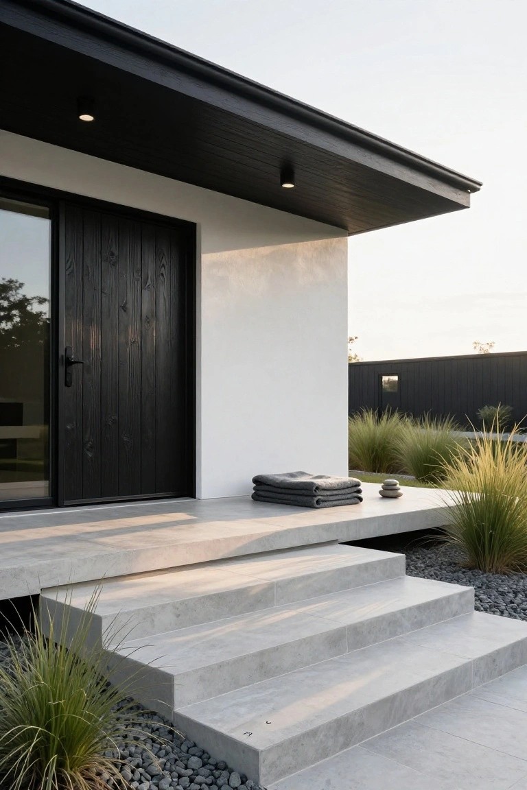 Modern house exterior with black vertical wood front door and frame on white wall under black roof overhang, concrete steps leading to entry porch with folded gray towels, stacked stones, and ornamental grasses with pebble ground cover.