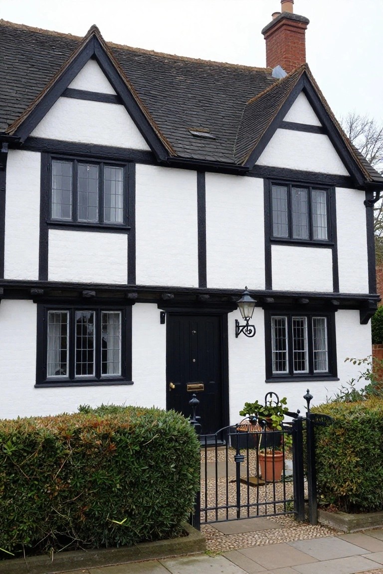 A two-story black and white half-timbered house with dark wooden beams, tall narrow windows, a black front door, lantern light, small iron gate, and clipped hedges in front.