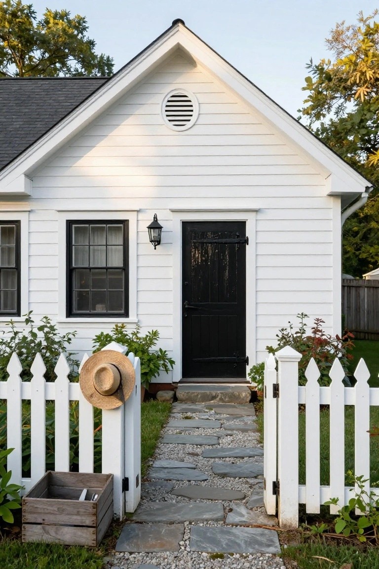 White clapboard house exterior with gabled roof, black front door, black-framed windows, lantern light, open white picket fence gate with straw hat hanging on it, wooden crate nearby, stone pathway, and surrounding greenery and trees.