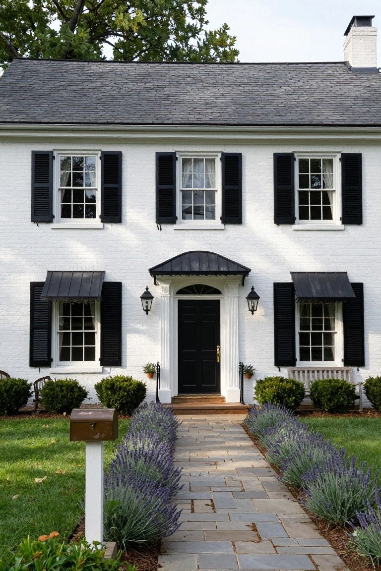 White brick two-story house with black shutters on multi-pane windows, black front door under a metal portico with lanterns, stone pathway lined with lavender plants, boxwoods, and a bronze mailbox on a lawn.