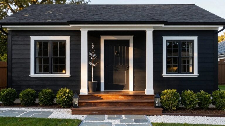 Front exterior of a two-story black shingle house with white trim, porch columns, dark wood door with glass panels, black lanterns, wooden steps, boxwood shrubs, and gravel path with stone pavers.