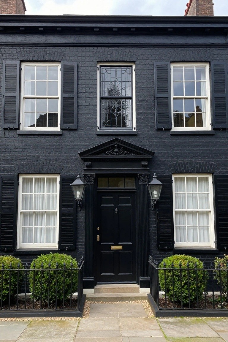 Black brick house with white windows, ornate door, and neatly trimmed hedges.